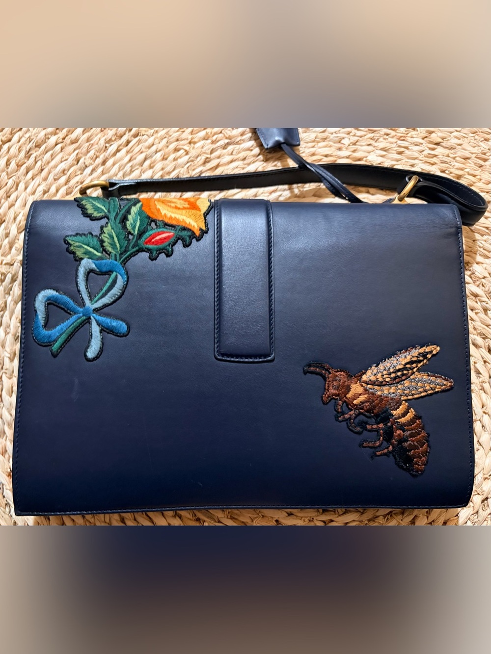 Gucci Blue Leather Striped Embroidered Riche Shoulder Bag - Picture 9 of 16
